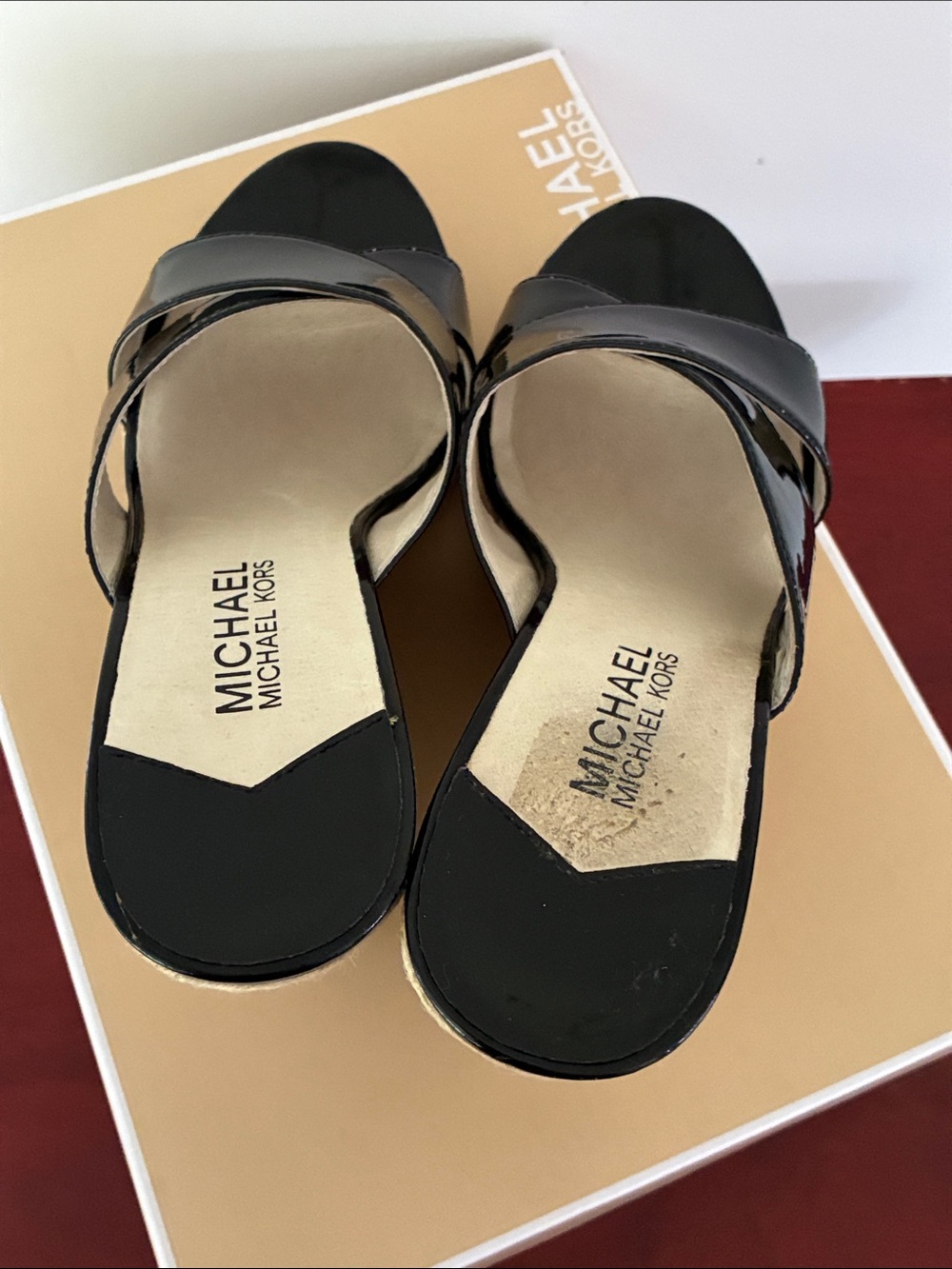 MICHAEL Michael Kors Black Patent Espadrille Wedge Slides - Picture 8 of 12